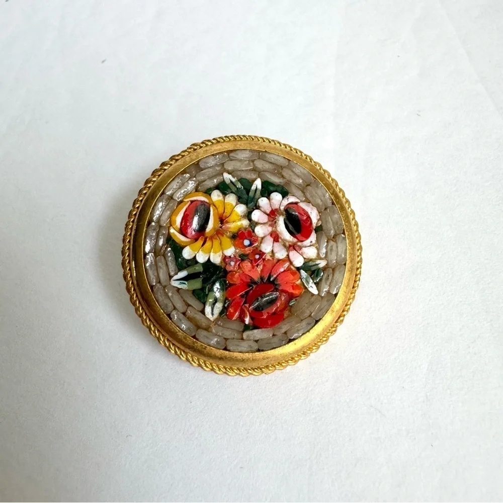 Vintage‎ Floral Mosaic Brooch Rose Floral Pin Signed Italy Italian Florentine